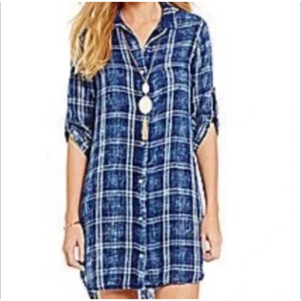 Cloth & Stone Womens Blue  Plaid Button Down Cotton Shirt Dress Medium NWOT